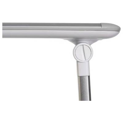 A close-up of an adjustable desk leg with a height adjustment knob, viewed from the side. The desk surface is light gray.