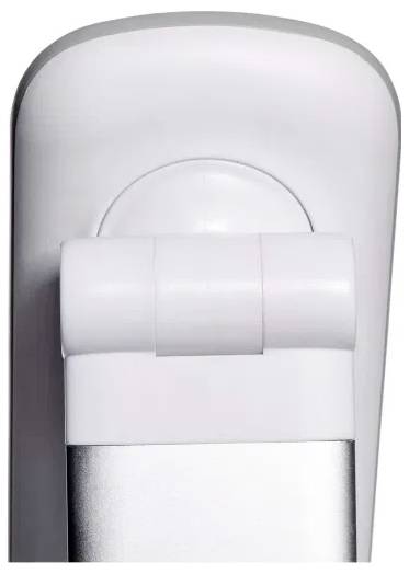 Close-up of a white wall-mounted holder, possibly for a showerhead, with a cylindrical base and adjustable hinged clamp.