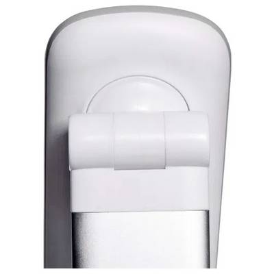 Close-up of a white wall-mounted holder, possibly for a showerhead, with a cylindrical base and adjustable hinged clamp.