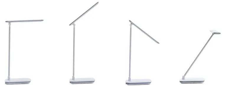 Four white desk lamps showing adjustable arm positions: fully upright, slightly tilted, midway tilt, and almost flat.