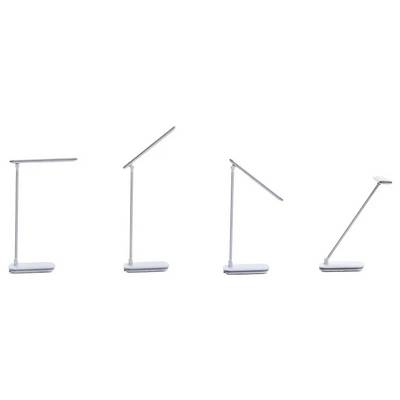Four white desk lamps showing adjustable arm positions: fully upright, slightly tilted, midway tilt, and almost flat.