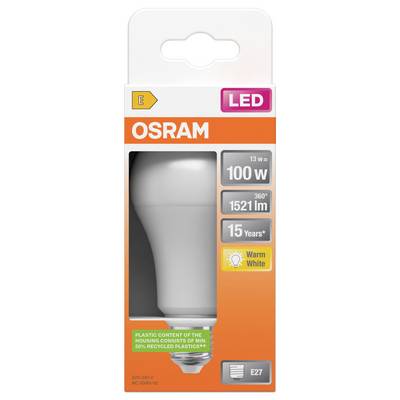 Packaging for an OSRAM LED light bulb, labeled 13 W = 100 W, 1521 lm, 360°, 15 years, Warm White, E27 base.