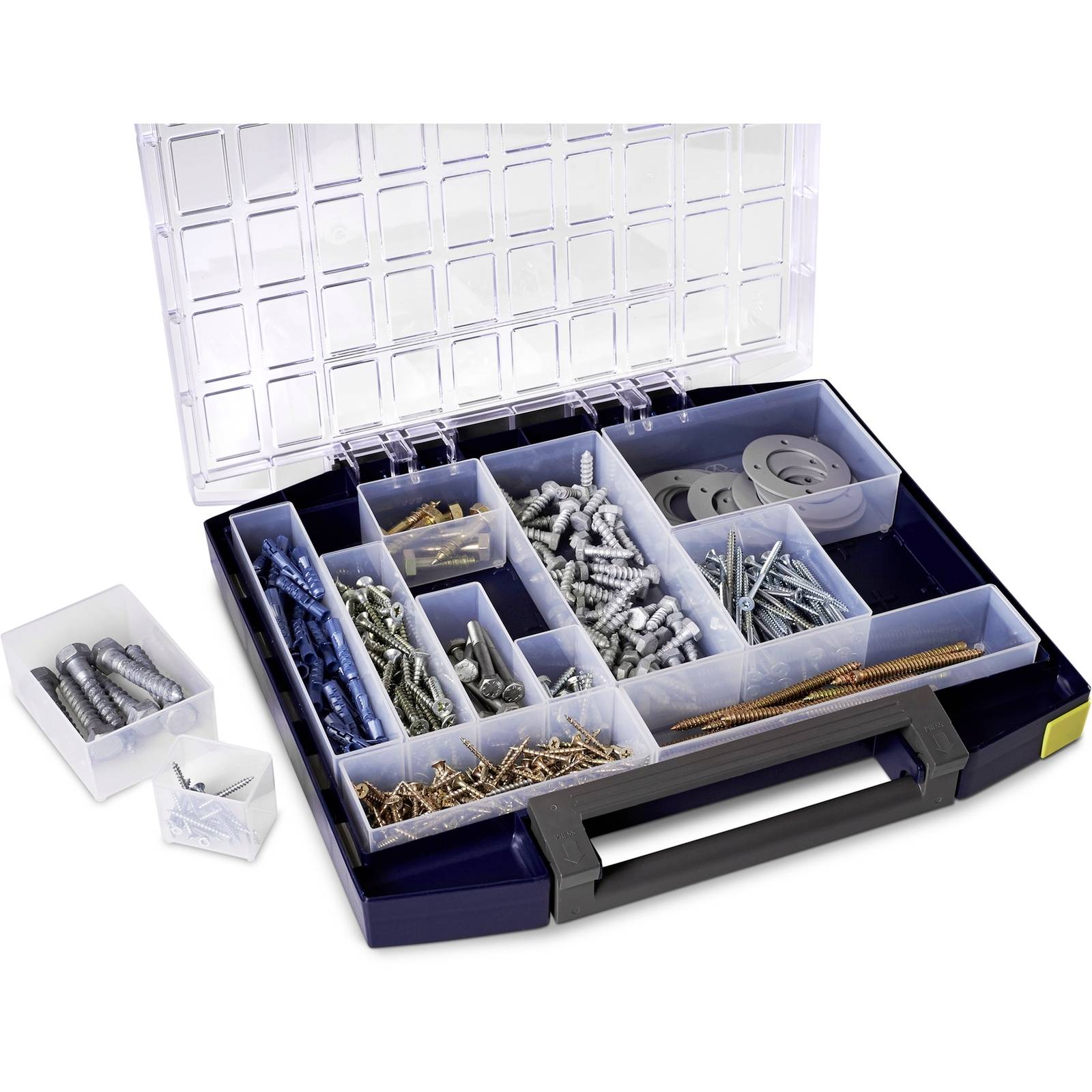 Organizer case with compartments holding various screws, nails, and wall plugs; open lid reveals items neatly sorted for easy access.