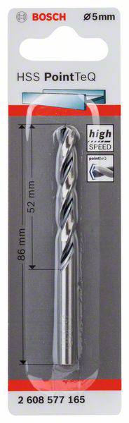 'Bosch 5mm HSS PointTeQ Drill Bit, 86 mm Length, for High Speed, Product Packaging Shows Drill Bit with Label and Measurements.'