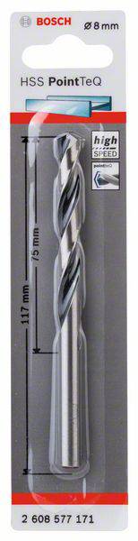 Bosch drill bit, 8 mm, HSS PointTeQ. Packaging with 'High Speed' symbol. Length: 117 mm.