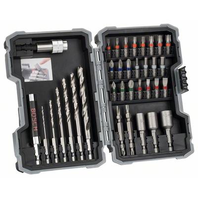 A toolbox with various drill bits and bits, organised in compartments. Contains spiral drill bits, Torx and Phillips bits, as well as hex keys.