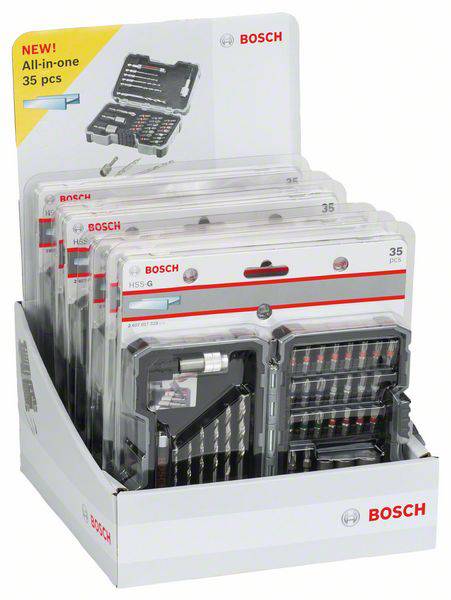 Set of Bosch drill bits in a display stand, 35 pieces per pack. Contains versatile drill bits and screwdriver attachments.