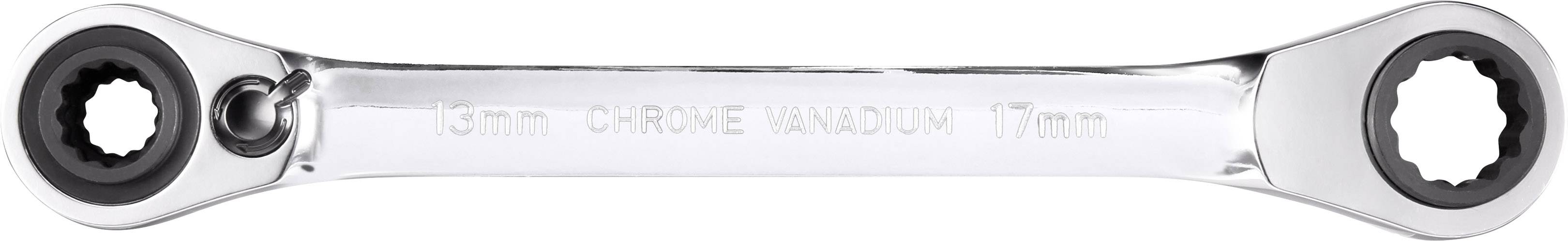 Double-ended spanner with 13 mm and 17 mm sockets, manufactured from chrome vanadium steel.