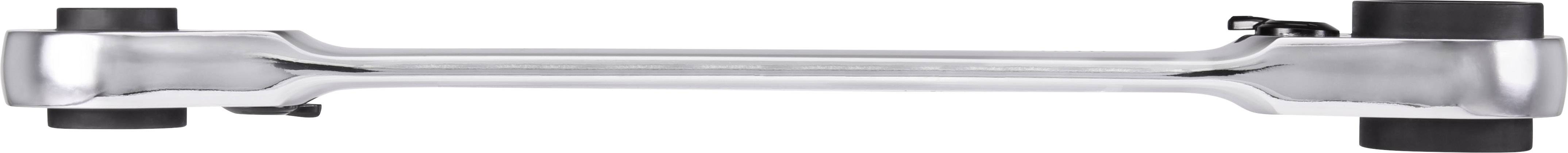 A chrome-plated spanner with two rubber protective caps on the ends, positioned horizontally.