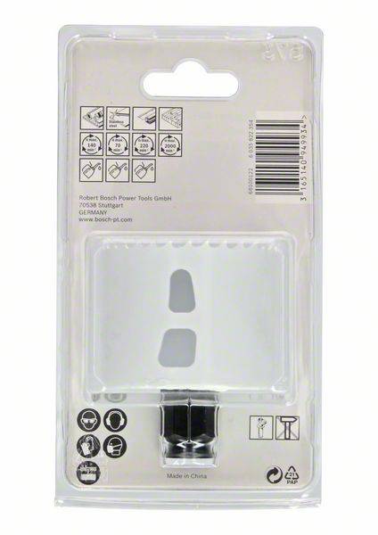 Plastic packaging with visible saw blade and pictograms. Brand name 'Bosch', Made in China, technical details on reverse side.