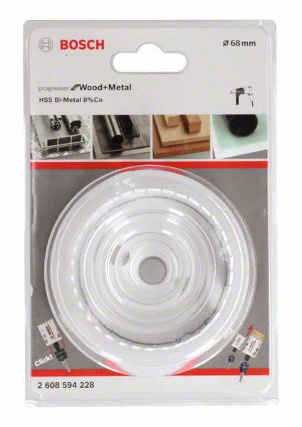 Packaging for a Bosch saw blade for wood and metal, 68 mm diameter, with images of application possibilities in the top right corner.