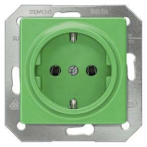Green Siemens socket with metal frame, suitable for installation in interior walls.