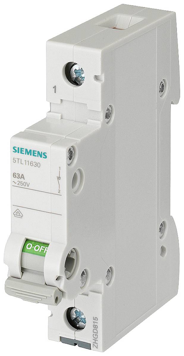 A Siemens circuit breaker, type 5TL11630, in the 'OFF' switching position, suitable for 63A and 250V.