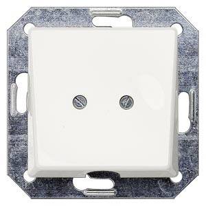 A square, white wall switch with a silver mounting. Two screws are visibly fastened to the front side.