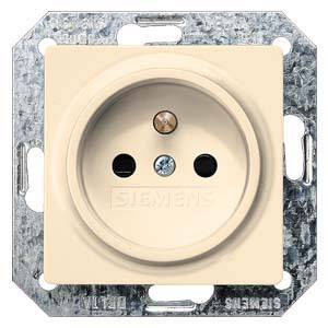 A beige socket on a metallic mounting plate, with two plug holes and a central earthing protection.