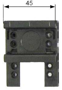 Black rectangular plastic component with multiple holes and a printed dimension of 45 mm width.