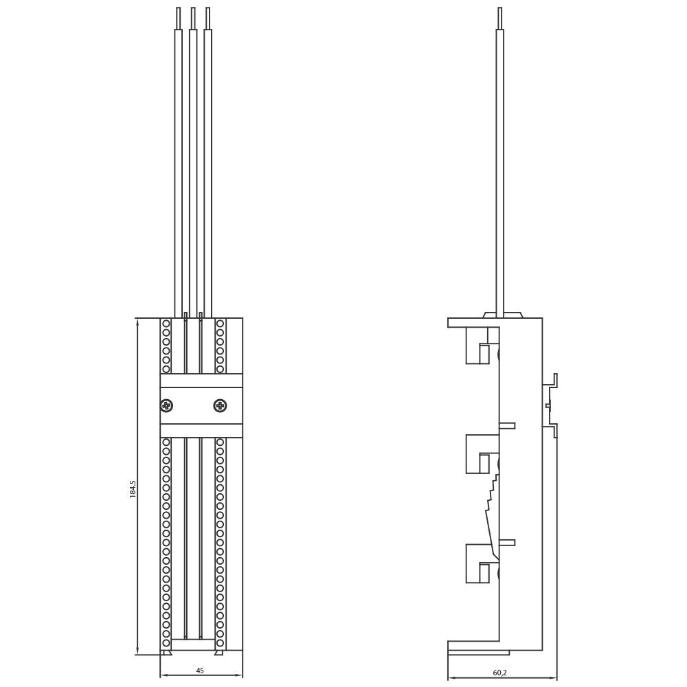 Technical drawing of a two-dimensional electromechanical component with dimensions, showing front and side views along with connection wires.