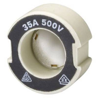 'Round safety element, beige, with a black border. Inscription: 35A 500V. Safety and standard symbols below.'
