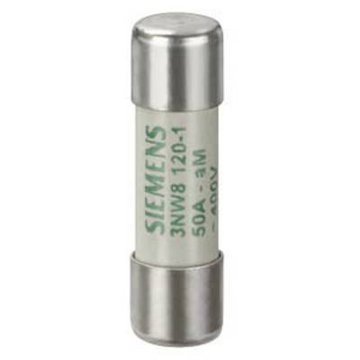 A cylindrical fuse insert with metal caps, labelled 'SIEMENS, 3NW8 120-1, 50A - 3L, 500V'.