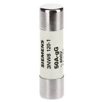 A cylindrical fuse insert by Siemens, model '3NW6 120-1', voltage: 400V, current rating: 50A.