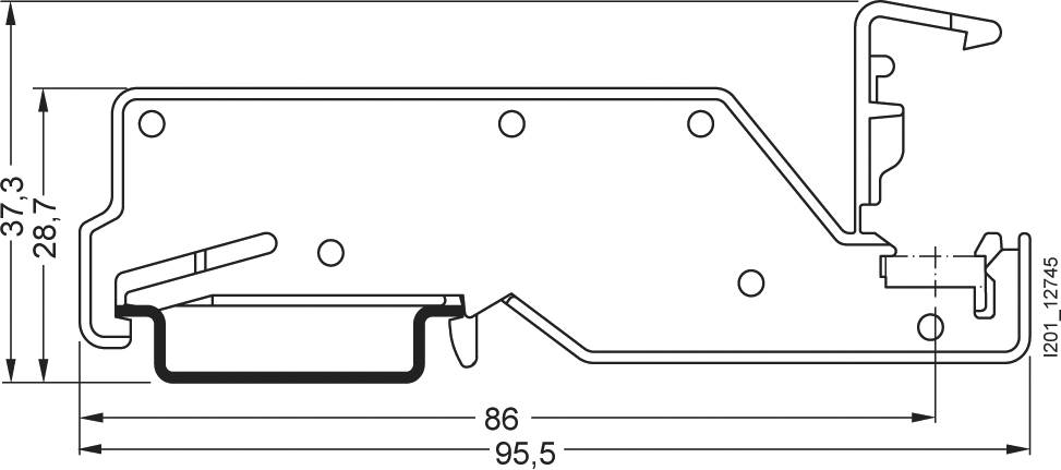 Technical drawing of a metal profile with dimensions: Length 95.5 mm, Height 28.7 mm. Shows connections and fixing elements.