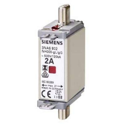 A 2-ampere fuse by Siemens, model number 3NA6 802, rated at 500V/120kA, with CE marking, manufactured in Germany.