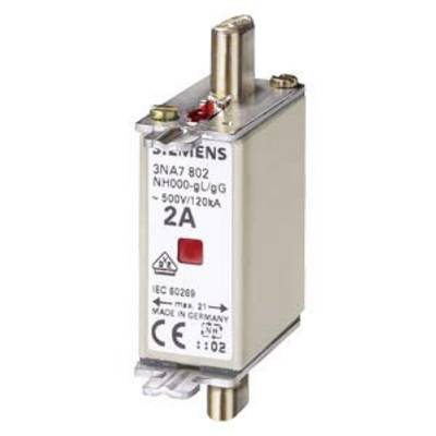 A Siemens NH fuse with the marking '3NA7 802 NH000-gL/gG 500V/120kA 2A', suitable for overcurrent protection.