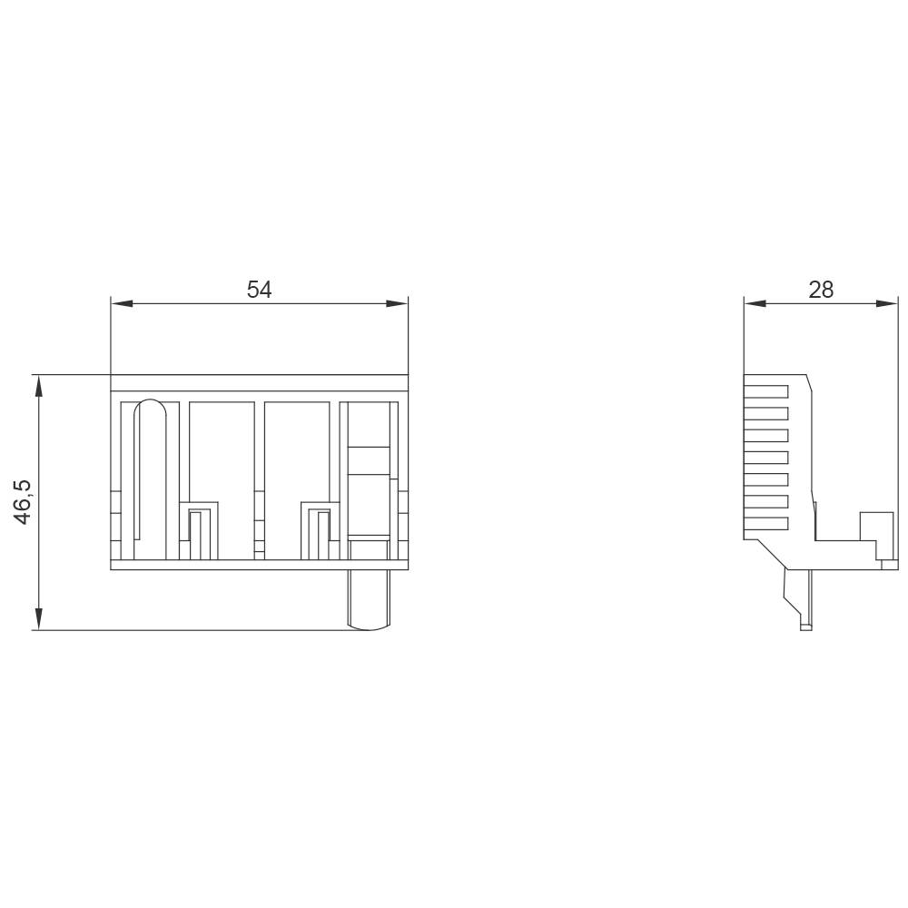 Technical drawing of an electrical component with dimensions: width 54 mm, height 46.5 mm, depth 28 mm. Shows side and front views.