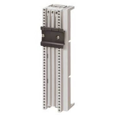 Metal DIN rail holder with black locking mechanism, for secure mounting of electronic devices in control cabinets.