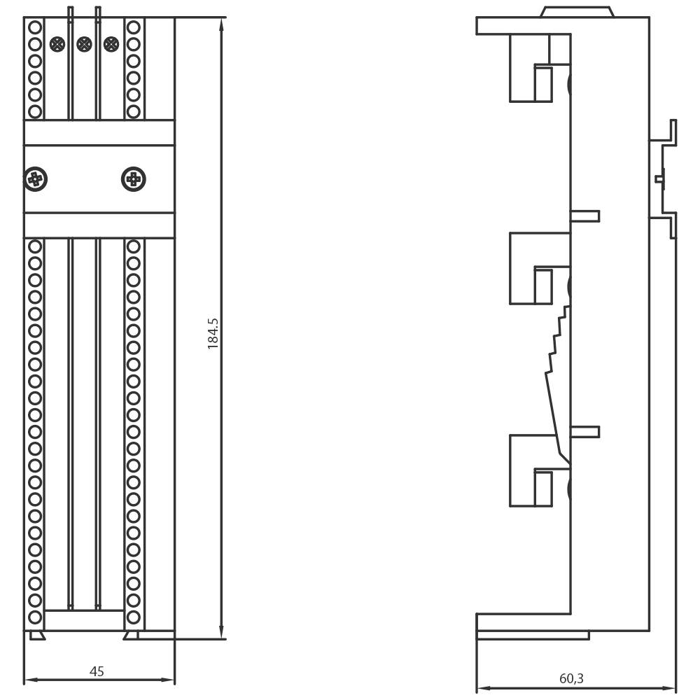 Technical drawing of a machine component with front and side view, to scale with measurements in millimetres.