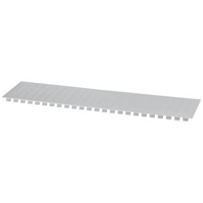 Elongated white plastic strip with rectangular openings on one side. Potential use as a cover or carrier.