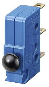 A blue microswitch with three metal terminals, used for control in mechanical and electronic devices.