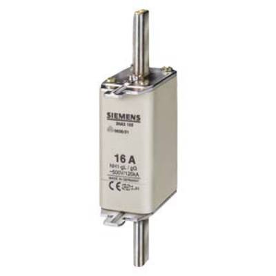 Siemens fuse with 16A, NH1-GL/GG, for 500V/120kA applications. Rectangular shape with two connection pins, typical switchgear accessory.
