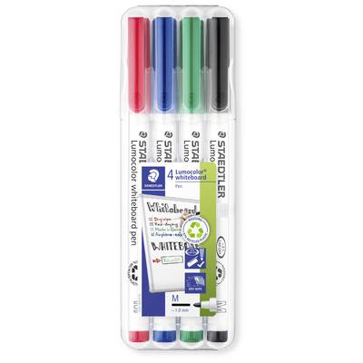 'Set of four coloured whiteboard markers in Red, Blue, Green and Black by Staedtler, suitable for whiteboards.'