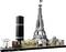 A LEGO architecture cityscape of Paris, depicting the Eiffel Tower, Arc de Triomphe, and other landmarks in miniature.