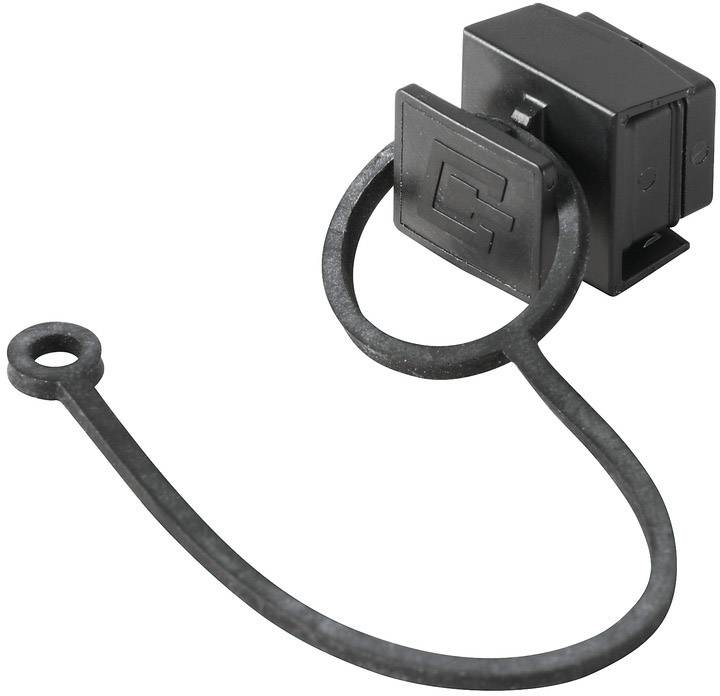Black plastic protective cap with flexible ring, for covering a rectangular plug.