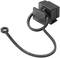 Black plastic protective cap with flexible ring, for covering a rectangular plug.