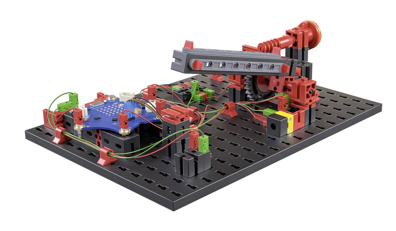 A robot-like model made of red and black components mounted on a perforated plate, connected with green and yellow cables.