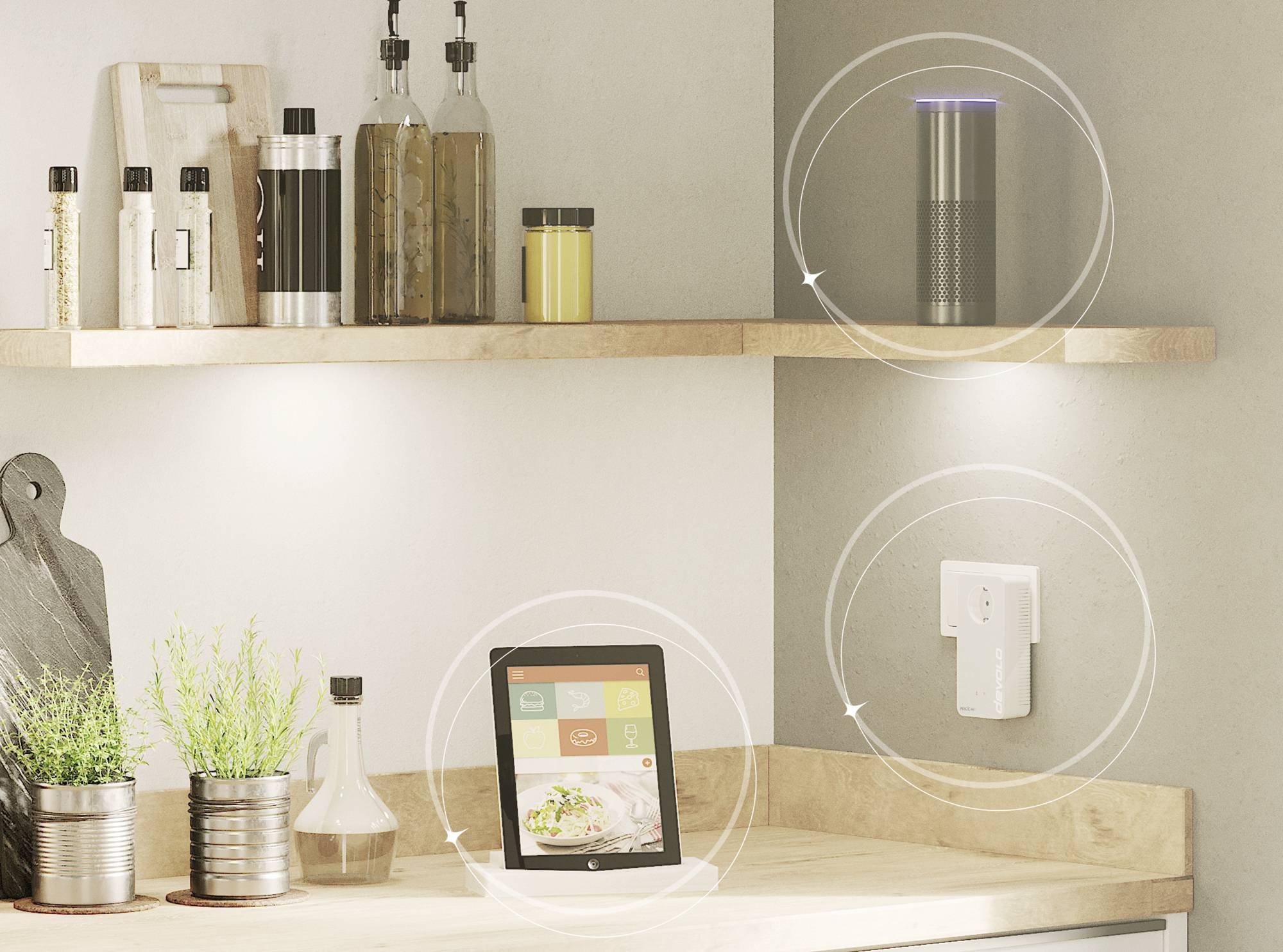 A tablet on a kitchen worktop displays a recipe. Spices and oils are arranged on a shelf. A voice assistant is illuminated.