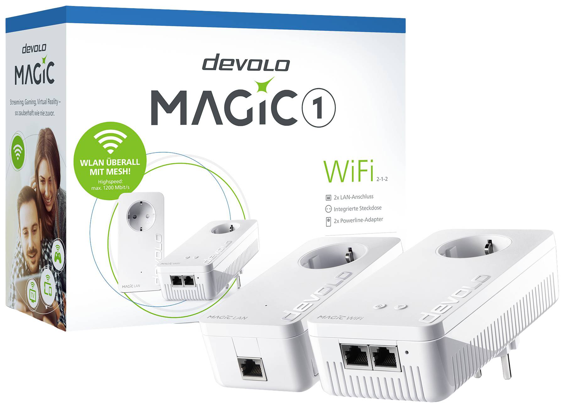 'devolo Magic 1' Wi-Fi adapter set with two plug-in adapters for extending the home network over the electrical circuit.