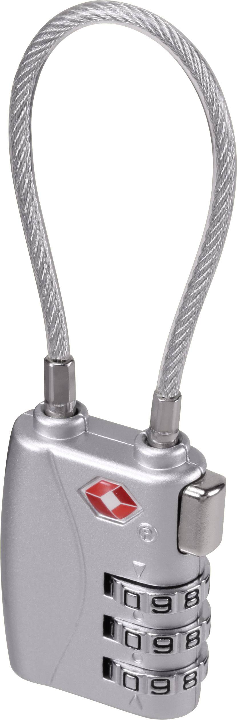 Silver combination lock with three number wheels and a security cable. Suitable for luggage security.<br><br>(Note: The translation is already in British English, so no changes were necessary.)