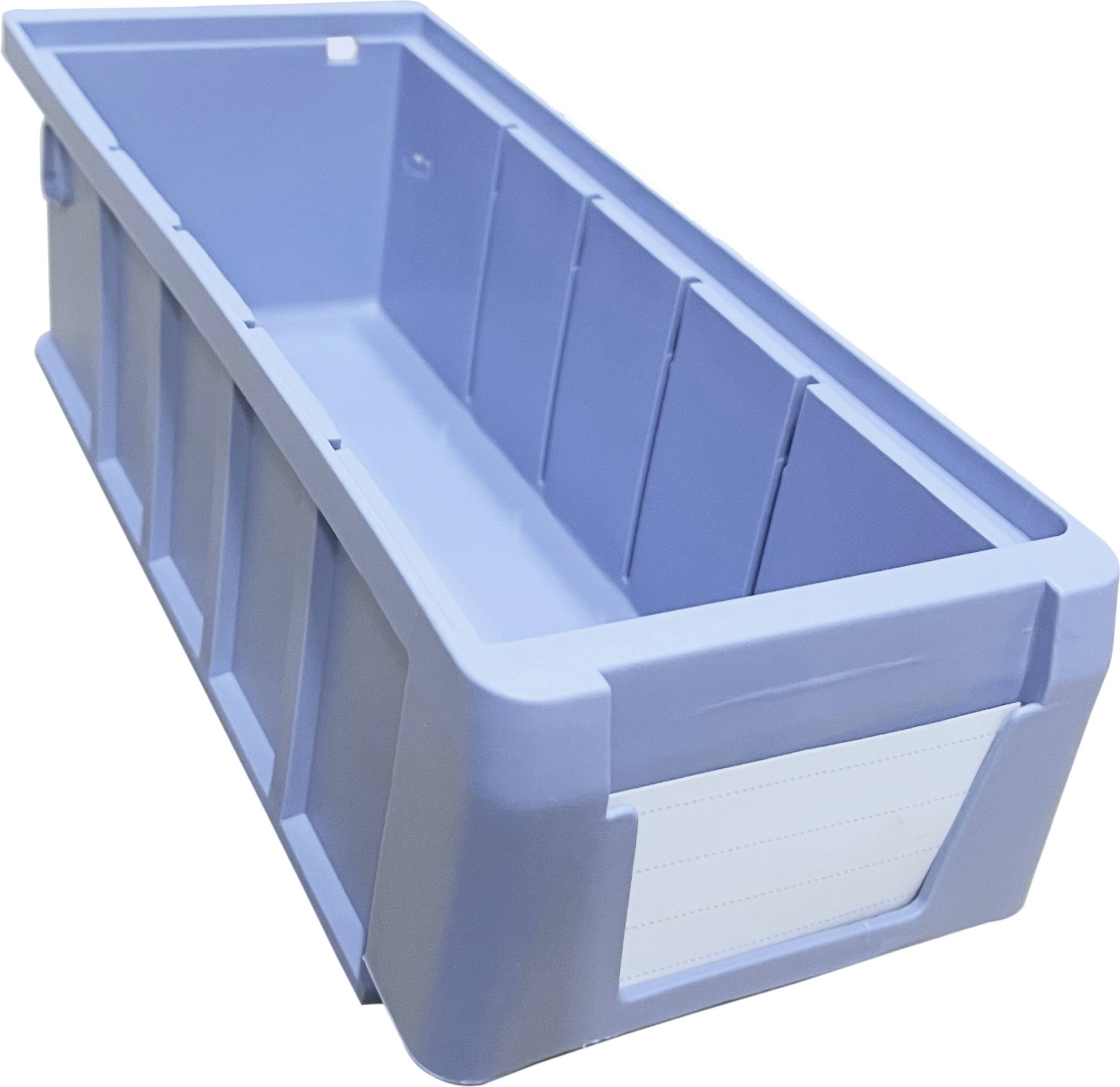 A light blue plastic container with an open top and a writeable area on the front.