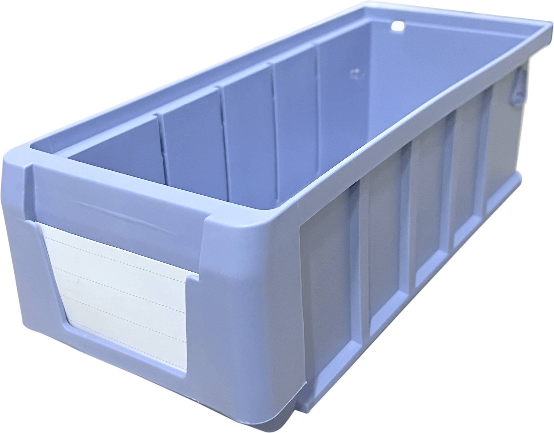 Blue plastic container with an open lid, rectangular in shape and featuring a label holder on the front.