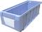Blue plastic container with an open lid, rectangular in shape and featuring a label holder on the front.