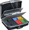 A tool case with removable compartments in various colours and sizes, suitable for organised storage.