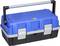 Blue and black toolbox with sturdy carry handle and two silver locks.