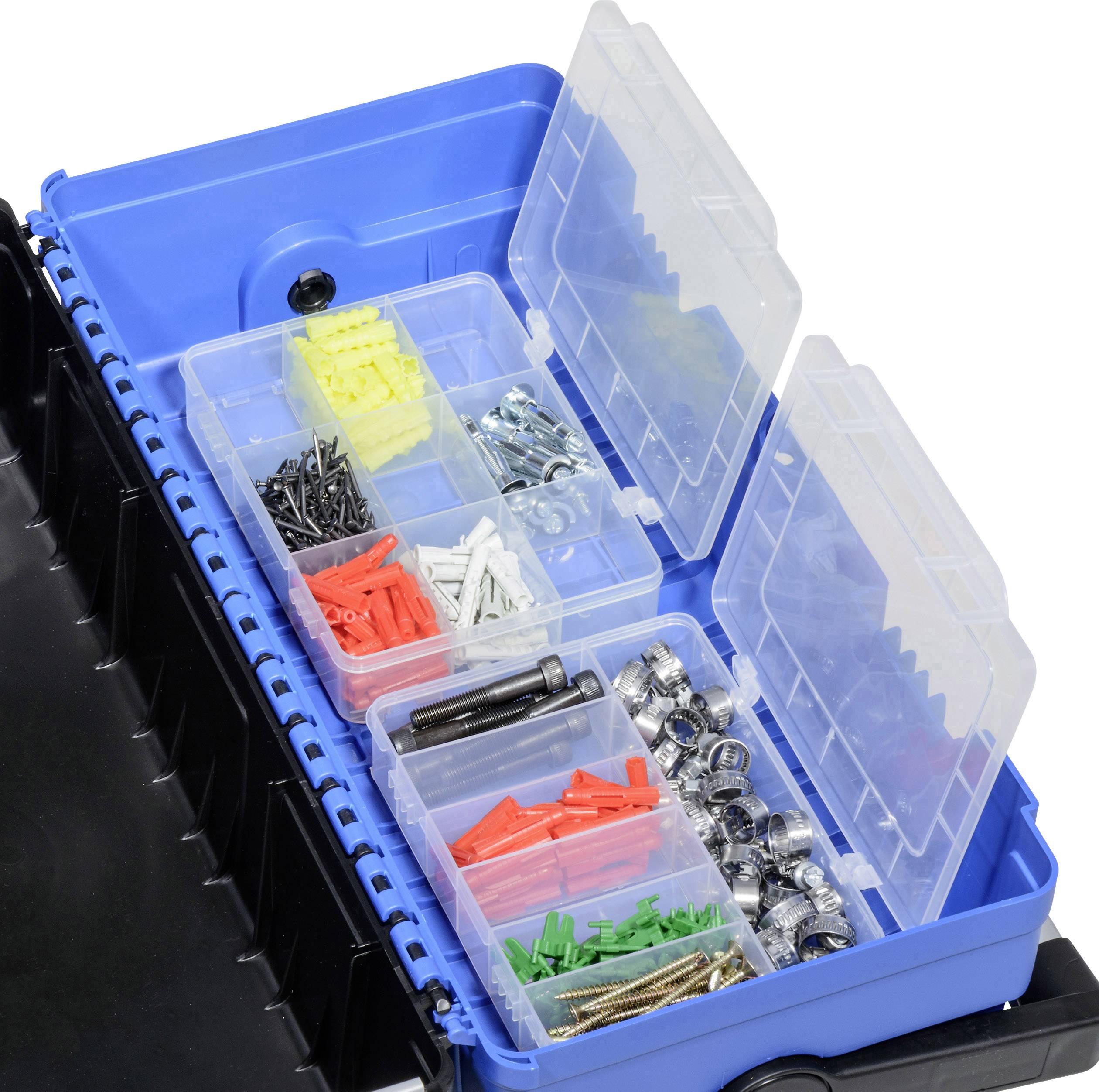 An opened toolbox with blue drawers, filled with various screws, nuts, and wall plugs in multiple colours.