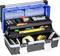 An open toolbox with various compartments containing screwdrivers, tape measure, adhesive tape, screws and nuts.