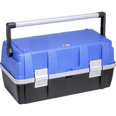 Blue toolbox with a black base and silver handle, suitable for storing and transporting tools.