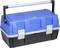 Blue toolbox with a black base and silver handle, suitable for storing and transporting tools.